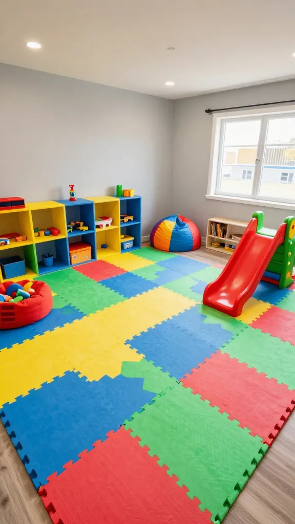 A high-angle, wide shot of a brightly lit garage interior, completely transformed into a vibrant and safe kids' play zone. The walls are painted a clean, neutral light grey, providing a perfect backdrop for the bold and bright color palette. The entire floor is covered with soft, interlocking foam tiles in a cheerful mix of sunny yellow, sky blue, apple green, and fiery red. Imaginative, kid-friendly storage solutions, such as colorful cubbies and open shelves in yellow and blue, are filled with neatly organized toys and art supplies. There is ample open space for active play, featuring a sturdy mini-slide in red and a small climbing structure in green. A cozy corner includes a small, colorful beanbag chair and a low bookshelf, creating a reading nook. Natural light streams in from a window, augmented by bright, recessed ceiling lights, creating an inviting and energetic atmosphere. The space feels durable, safe, and designed for endless fun, with no visible garage clutter or traditional garage elements. Realistic, high-quality photo.