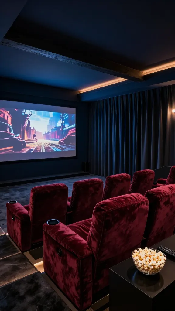 A high-quality, professional interior photograph showcasing a luxurious, dark and moody home theater meticulously crafted within a fully transformed garage space. The walls are painted a deep, rich navy blue, creating an immersive, cave-like atmosphere. Plush, comfortable reclining theater seats, upholstered in a sumptuous burgundy velvet, are arranged in two inviting rows facing a massive, ultra-wide projection screen that displays a vibrant, high-contrast movie scene. Floor-to-ceiling blackout curtains, in a matching deep charcoal gray, completely cover the original garage door opening, ensuring absolute darkness. Subtle, warm amber LED strip lighting elegantly defines the ceiling perimeter and floor pathways, casting dramatic yet soft illumination. On a sleek, integrated side table next to one of the reclining seats, a bowl of freshly popped popcorn and a remote control are perfectly placed. The space exudes ultimate comfort and cinematic luxury, with subtle architectural cues of the garage's original structure, such as a high, dark-painted ceiling or a robust, finished beam, cleverly integrated into the sophisticated design. Realistic rendering, no text.