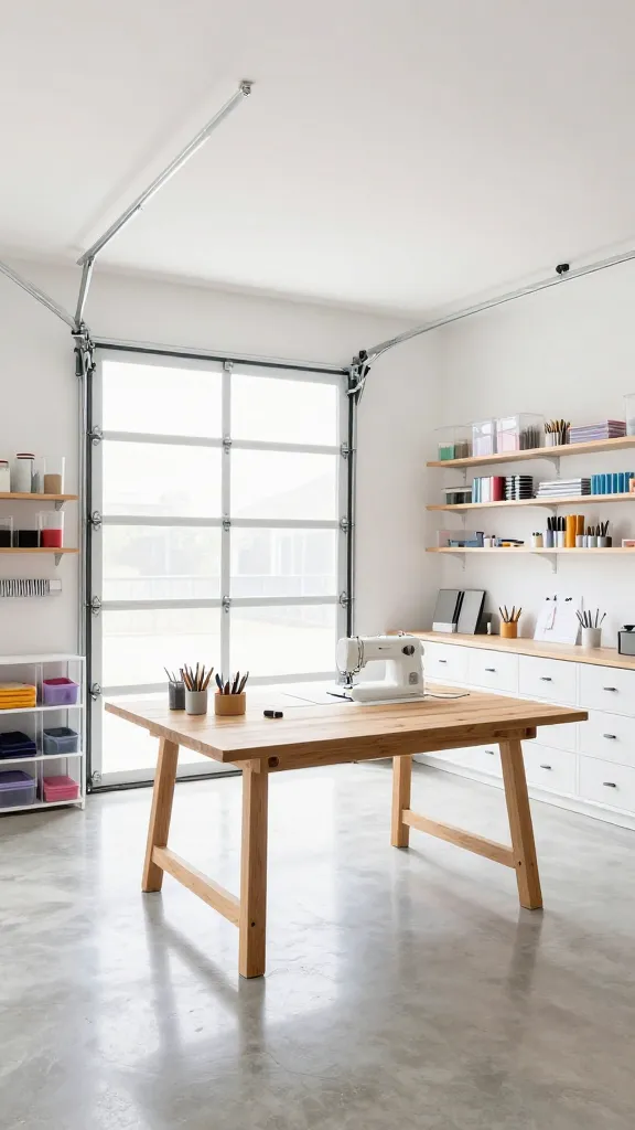 A spacious and exceptionally bright craft room, meticulously transformed from a garage. Abundant natural light floods the space through a large, modern garage door featuring frosted glass panels or full-view glass inserts, softened by sheer white roller blinds. A substantial, light-toned wooden craft table with ample workspace is centrally positioned, hosting a sleek sewing machine and neatly organized scrapbooking supplies. Along the clean white walls, custom built-in shelving and drawer units feature a mix of clear acrylic storage containers filled with colorful supplies and labeled white drawers, ensuring everything is within easy reach. The floor is a light, polished concrete, reflecting the brightness. The overall aesthetic is minimalist, highly organized, and deeply inspiring, captured in a high-resolution, wide-angle interior photograph, showcasing a crafter's paradise.