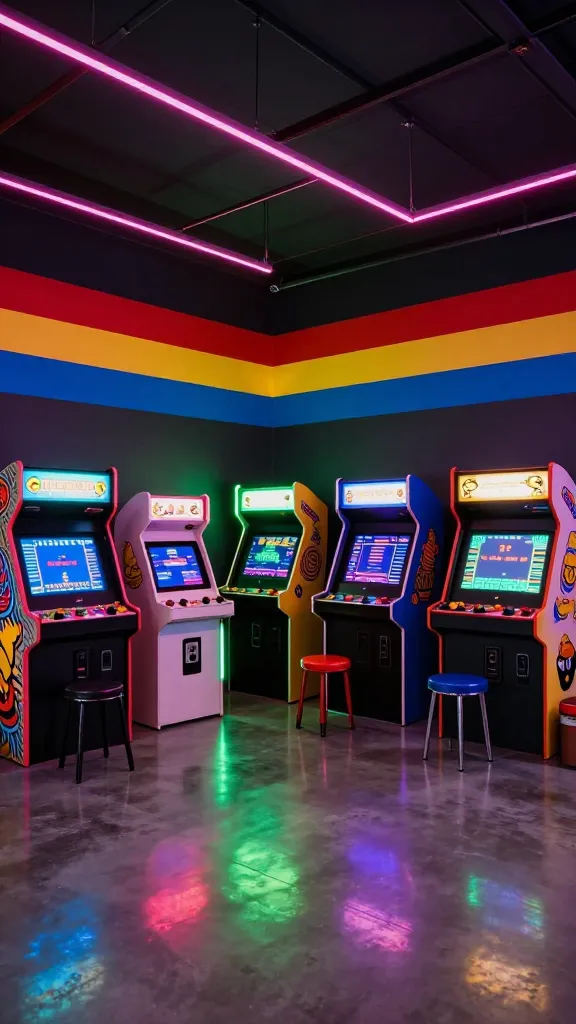 A high-quality, realistic photo of a spacious garage interior completely transformed into a vibrant retro arcade game room. The polished concrete floor reflects the colorful glow. The walls are painted a deep black, providing a stark contrast for bold primary color stripes (red, blue, yellow) that run across them. Glowing neon pink and electric green light strips are strategically placed, casting a lively, nostalgic ambiance throughout the room. Several classic, vintage-style arcade cabinets, including Pac-Man and Donkey Kong, are meticulously arranged, their screens displaying iconic game graphics. The room is filled with a soft, colorful glow from the arcade machines and neon accents, creating a fun, inviting atmosphere. No text.