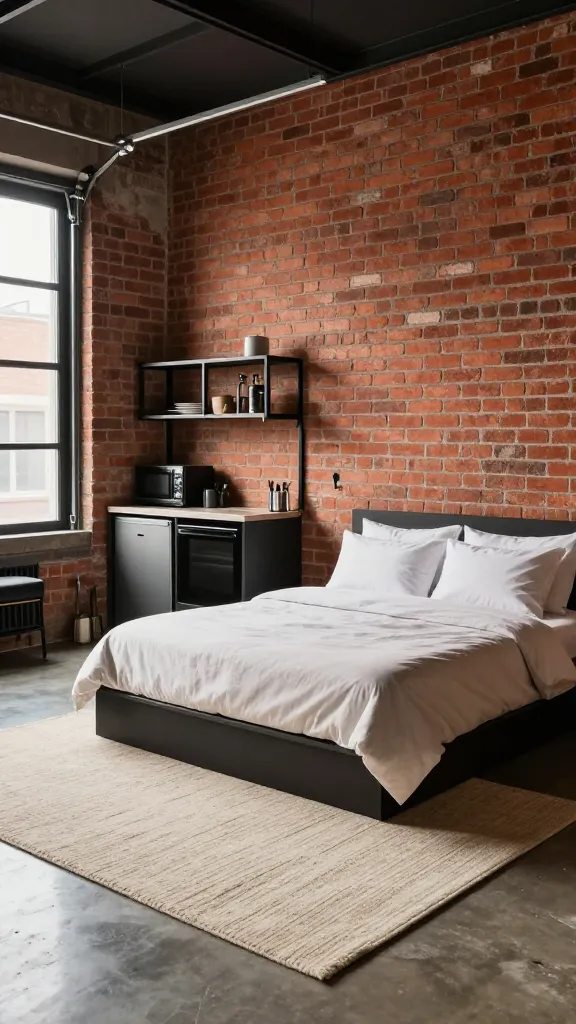 A high-quality, realistic interior photograph of a chic urban loft guest suite, expertly converted from a garage. The space features a dominant exposed red brick wall, lending an industrial-urban vibe. A comfortable, low-profile platform bed with crisp, neutral bedding is centrally placed, anchored by a large, textured cream area rug that defines the sleeping zone. Adjacent to it, a compact kitchenette is seamlessly integrated, showcasing sleek black metal open shelving, a mini-fridge, and a microwave. Metal accents are subtly incorporated throughout the decor, from light fixtures to furniture legs. Warm, natural light floods the room from a large window, hinting at the garage's original opening. The polished concrete floor reflects the light, enhancing the stylish and private retreat atmosphere. No people.