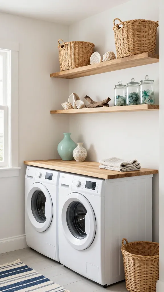 A high-quality, realistic photo showcasing a serene coastal retreat laundry room, meticulously transformed within a garage space. The walls are painted in soft whites and sandy beiges, creating a bright and airy atmosphere. A modern washing machine and dryer are neatly integrated under a smooth, light natural wood countertop. Above the counter, open wooden shelves display thoughtfully arranged decorative coastal elements: polished seashells, a small piece of weathered driftwood, and a few clear glass jars filled with sea glass. Several woven wicker baskets of various sizes are strategically placed for laundry sorting, adding rich natural texture. Subtle accents of seafoam green appear in a decorative vase and a folded linen hand towel, complemented by hints of navy blue in a striped rug on the floor. The overall design emphasizes thoughtful organization, natural materials, and a calming, mini-vacation aesthetic. Bright, diffused natural light illuminates the space. No text on image.