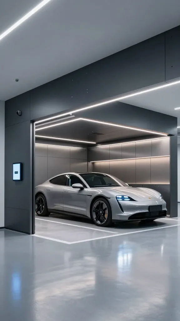 A wide-angle, high-quality, realistic photograph of a meticulously organized, high-tech smart garage. Sleek, modular storage solutions in dark gray and brushed aluminum are seamlessly integrated into the walls, featuring subtle LED accent lighting. Automated cool white LED strip lighting illuminates the ceiling and under-cabinet areas, casting a clean, futuristic glow. A modern electric vehicle, such as a Tesla or Porsche Taycan, is parked centrally on a polished epoxy floor that reflects the intelligent lighting. A discreet, wall-mounted smart security camera is visible in an upper corner, alongside small, integrated motion sensors. A minimalist touchscreen control panel is flush-mounted near the entrance. The space exudes efficiency, security, and ultimate connectivity, showcasing a clean, futuristic aesthetic with sharp focus and detailed textures.