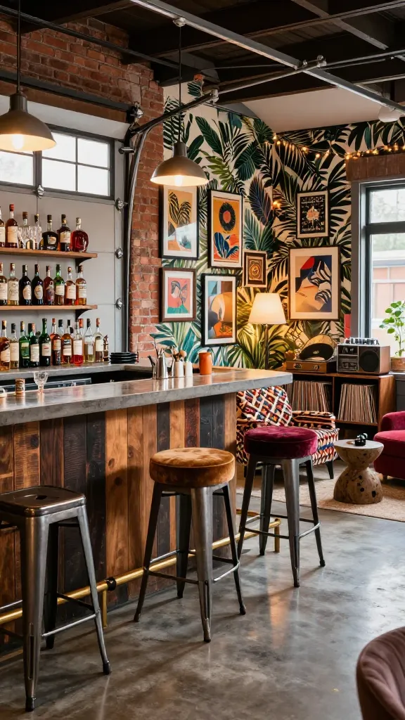 A high-quality, realistic photo of a vibrant, eclectic home bar and lounge, beautifully transformed within a garage space. The focal point is a custom-built bar with a polished concrete countertop and dark reclaimed wood paneling, fronted by a mix of comfortable, mismatched bar stools in various styles like industrial metal and plush velvet. Behind the bar, open shelving is artfully arranged with a well-stocked collection of liquor bottles, vintage glassware, and quirky decorative objects. Adjacent, a cozy lounge area features two inviting, boldly patterned lounge chairs (e.g., a geometric print or rich jewel-toned velvet) and a small, unique vintage side table. The walls showcase a dynamic blend of exposed brick and sections covered in a striking, large-scale botanical or abstract patterned wallpaper, adorned with an array of framed vintage posters and eclectic art. A prominent vintage record player and a stylish sound system are set up on a mid-century modern credenza, surrounded by stacks of vinyl records. Warm, inviting light emanates from industrial pendant lights over the bar, complemented by a retro floor lamp and subtle string lights or a neon sign, creating a lively atmosphere. The polished concrete floor and a large, repurposed industrial-style window or original garage door opening, now framed and glazed, subtly reveal the space's garage origins. The overall scene exudes a unique, inviting vibe, perfect for entertaining.