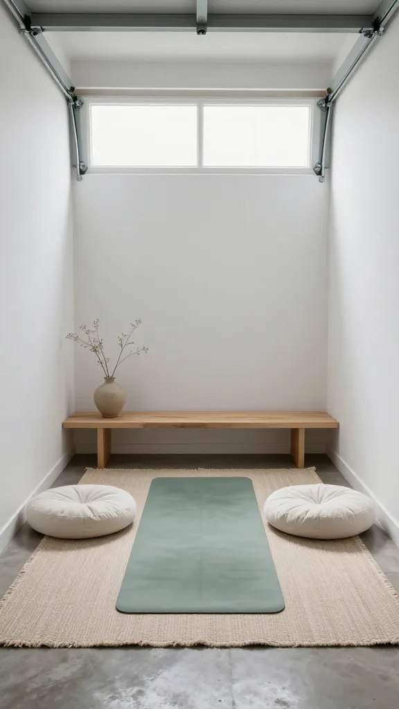 A high-quality, realistic photograph capturing a serene and minimalist meditation nook meticulously crafted within a transformed garage. The scene features a polished concrete floor, subtly hinting at its origins, softened by a large, light-colored natural fiber rug. The walls are painted a clean white, with one accent wall in a soft, light gray. In the center of the nook, a simple, thin meditation mat in a muted sage green is placed on the rug, flanked by two plush, round floor cushions in off-white. A low, minimalist shelf made of light natural wood stands against the wall, holding a single, elegant ceramic vase with a few delicate dried floral stems. Soft, diffused natural light streams gently into the space from a high-set, frosted garage window, creating a calming glow. The overall atmosphere is one of profound simplicity, uncluttered tranquility, and natural peace, ready for reflection. No text.