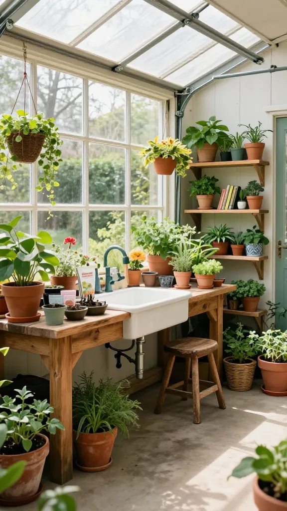 A high-quality, realistic photo of a former garage, now meticulously transformed into a whimsical, light-filled greenhouse and potting shed. Abundant natural sunlight streams through a wall of large, multi-pane windows that replaced the original garage door, illuminating a vibrant array of thriving plants in various terracotta pots and hanging baskets. A sturdy, rustic wooden potting bench with an integrated farmhouse-style sink dominates one wall, covered with gardening tools, seed packets, and small starter pots. Adjacent to it, a vertical garden wall bursts with herbs and small greens, complemented by tiered wooden shelving units overflowing with more potted plants, gardening books, and charming decorative elements. A comfortable, vintage-style wooden stool is neatly tucked under the potting bench. The floor is clean, polished concrete, with subtle hints of active gardening. The overall atmosphere is serene, functional, and deeply connected to nature, showcasing a gardener's ultimate dream space.