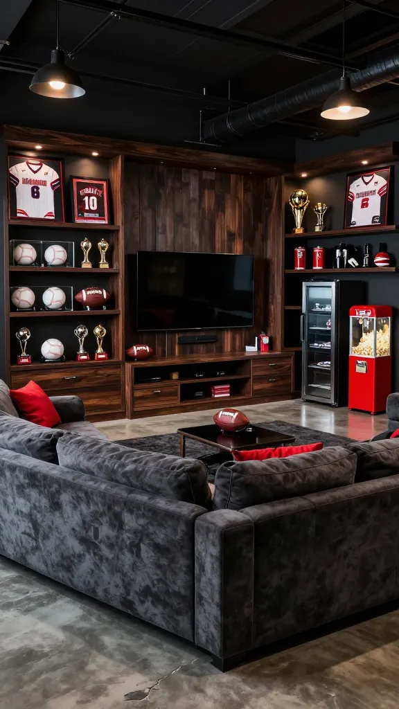 A high-resolution, wide-angle photograph capturing a luxurious sports fanatic man cave, meticulously transformed from a garage. The centerpiece is a colossal, wall-mounted flat-screen television, set against an accent wall of dark, textured wood panels. Flanking the screen are custom built-in shelves, crafted from dark stained wood, showcasing an impressive collection of sports memorabilia: framed team jerseys under spotlights, signed baseballs and footballs in glass display cases, and gleaming championship trophies. In front, a sprawling, ultra-comfortable charcoal gray sectional sofa with integrated recliners and cup holders invites ultimate relaxation. The room's color palette is a sophisticated blend of deep blacks, various grays, and rich dark wood tones, punctuated by vibrant crimson red accents found in throw pillows and select memorabilia. A sleek, integrated mini-fridge and a classic red vintage popcorn machine are conveniently located in a dedicated corner. The floor features highly polished concrete, softened by a large, plush dark area rug beneath the seating area. Overhead, industrial-chic pendant lights and recessed lighting provide warm, dimmable illumination, creating an inviting, game-day ready atmosphere.