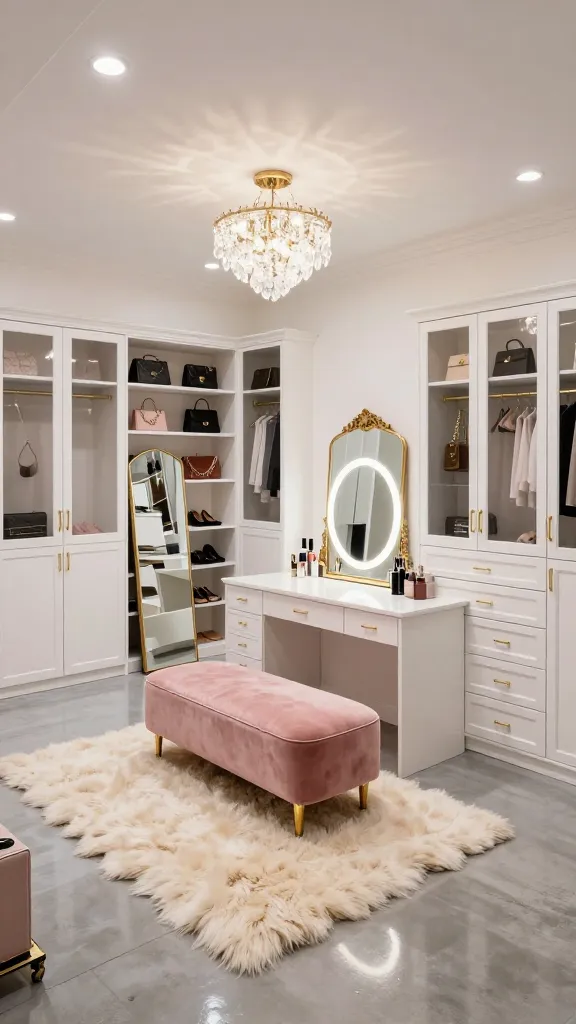 A high-angle, wide shot of a lavish, spacious glam dressing room and walk-in closet, meticulously transformed from a garage. The room showcases floor-to-ceiling custom-built closet systems with a mix of frosted glass doors, open shelving displaying designer handbags and shoes, and integrated drawers with polished brass hardware. In the center, a sleek, white marble-topped vanity table with a large, illuminated circular mirror is perfectly positioned for makeup application. A plush, blush pink velvet chaise lounge sits gracefully opposite the vanity, inviting comfort. A grand, full-length ornate gold-framed mirror leans against a wall, reflecting the elegant space. The flooring is a high-gloss, polished light gray concrete, subtly hinting at the garage's original structure, softened by a luxurious cream faux fur rug. Recessed ceiling lights, a delicate crystal chandelier, and warm task lighting from the vanity mirror create a flattering glow throughout. The walls are painted in a soft, pearl-white finish, enhancing the luxurious atmosphere and smart organization. High resolution, realistic photo, no text.