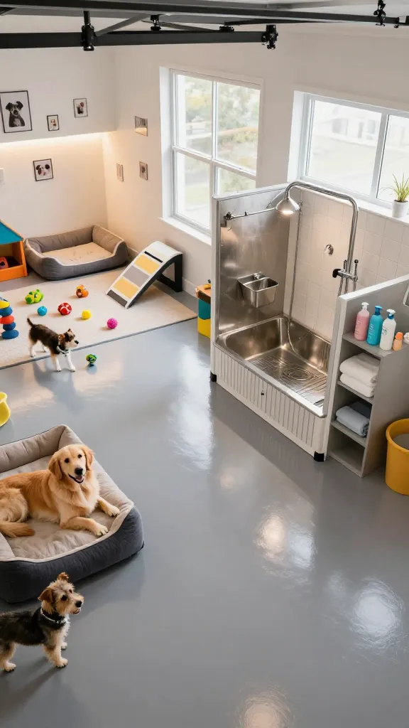 A high-angle, wide shot of a modern, well-lit garage expertly transformed into a luxurious pet paradise and grooming station. The floor is covered in sleek, durable, easy-to-clean grey epoxy. On the left, a designated sleeping zone features two plush, orthopedic dog beds in varying sizes, nestled within a cozy nook with warm, indirect lighting and a few framed pet photos on the wall. Adjacent to this, a vibrant play area is visible with durable pet toys scattered on a non-slip mat, and a small, built-in agility ramp. On the right side, a professional-looking, raised dog wash station with a stainless steel basin and a chrome handheld sprayer is prominently featured against a tiled backsplash. Below the wash station, neatly organized open shelving holds pet shampoos, conditioners, and fluffy towels. Natural light streams in from a large window, illuminating a happy golden retriever comfortably lying on one of the beds, and a playful terrier interacting with a toy in the play zone. The overall atmosphere is clean, organized, and inviting, showcasing a perfect blend of functionality and comfort for pets. No text.