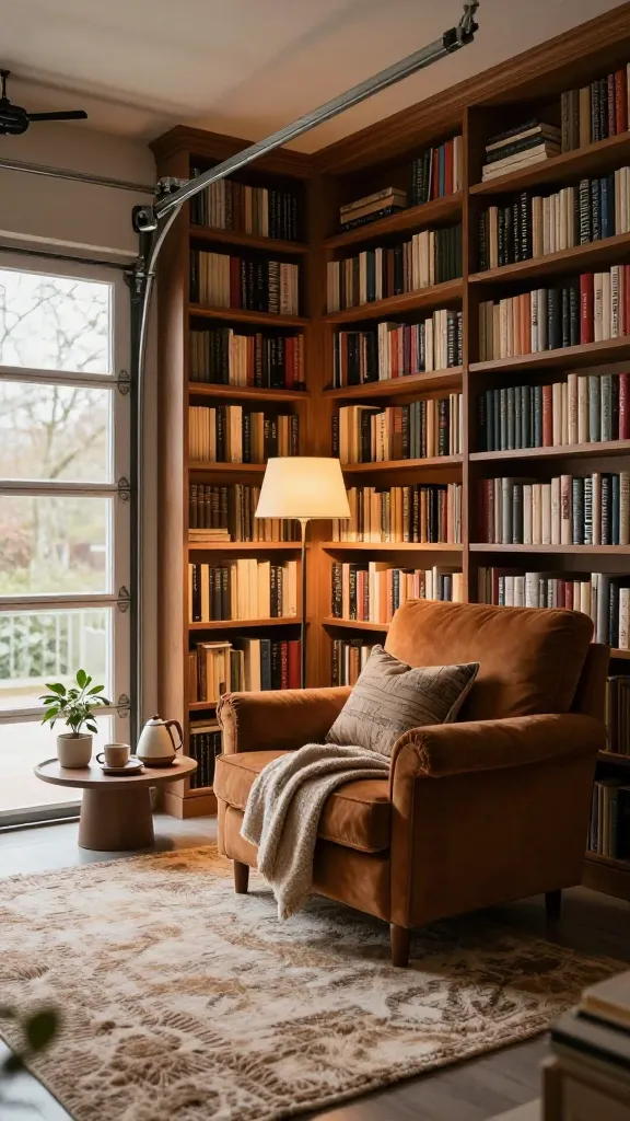 A high-quality, realistic photo capturing an exquisitely cozy and inviting home library, thoughtfully converted from a garage space. Floor-to-ceiling built-in bookshelves, brimming with diverse books, line the walls, creating a warm, enclosed feeling. A plush, oversized armchair or chaise lounge in a rich, warm tone, adorned with a soft throw blanket and a decorative pillow, is positioned invitingly on a thick, textured area rug. Beside it, a sleek floor lamp casts a gentle, warm glow. In a corner, a small, elegant coffee and tea station features a modern kettle, a couple of ceramic mugs, and a delicate potted plant. Soft, diffused natural light streams in through a large, paneled window, subtly hinting at the room's past as a garage door opening. The atmosphere is serene, quiet, and perfectly designed for a bibliophile's escape, free from distractions.