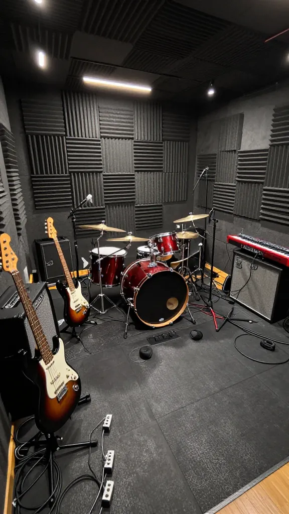 A wide-angle, eye-level photograph captures a spacious garage interior meticulously transformed into a dedicated, soundproofed rock band rehearsal space. The walls and ceiling are entirely clad with dark gray acoustic foam panels and diffusers, creating a professional studio environment. The floor is covered with durable, easy-to-clean dark industrial rubber matting, showing subtle signs of active use. In the center, a full, gleaming drum kit with multiple cymbals is set up, flanked by several electric guitars and a bass guitar leaning against powerful amplifier stacks and cabinets. A keyboard workstation sits on a stand, accompanied by microphones on boom stands. Power strips are visibly integrated along the base of the walls, with cables neatly organized yet actively connecting all instruments and equipment. Bright, functional illumination is provided by industrial LED track lighting, highlighting the musical gear. The space exudes a raw, energetic rock 'n' roll aesthetic, feeling highly functional and ready for a loud jam session. High resolution, realistic textures, sharp focus, professional photography, no text.