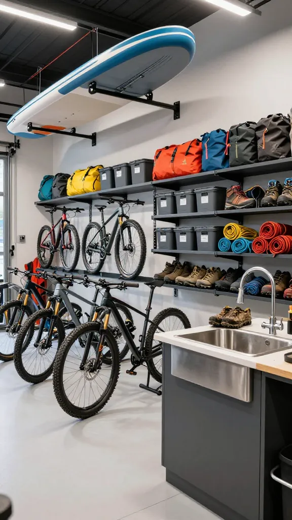 A meticulously organized, brightly lit garage interior transformed into an ultimate outdoor adventure gear hub. In the foreground and midground, several high-performance mountain bikes and road bikes are neatly displayed on sleek, wall-mounted vertical racks, their tires spotless. Above, two sleek paddleboards are suspended effortlessly from modern overhead storage lifts, appearing ready for immediate use. Along the back wall, robust, dark gray heavy-duty shelving units are packed with an array of neatly arranged camping and hiking gear: color-coordinated dry bags, stacked plastic bins with labels, rolled tents, hiking boots on boot dryers, and climbing ropes coiled precisely. To the right, a deep, stainless steel utility sink with a pull-out spray faucet is integrated into a durable countertop, featuring a small pile of muddy hiking shoes next to it, suggesting recent use. The floor is a clean, epoxy-coated surface. The overall impression is one of extreme efficiency, readiness, and a passion for outdoor exploration, captured in a high-resolution, realistic photograph with bright overhead LED lighting. No text.
