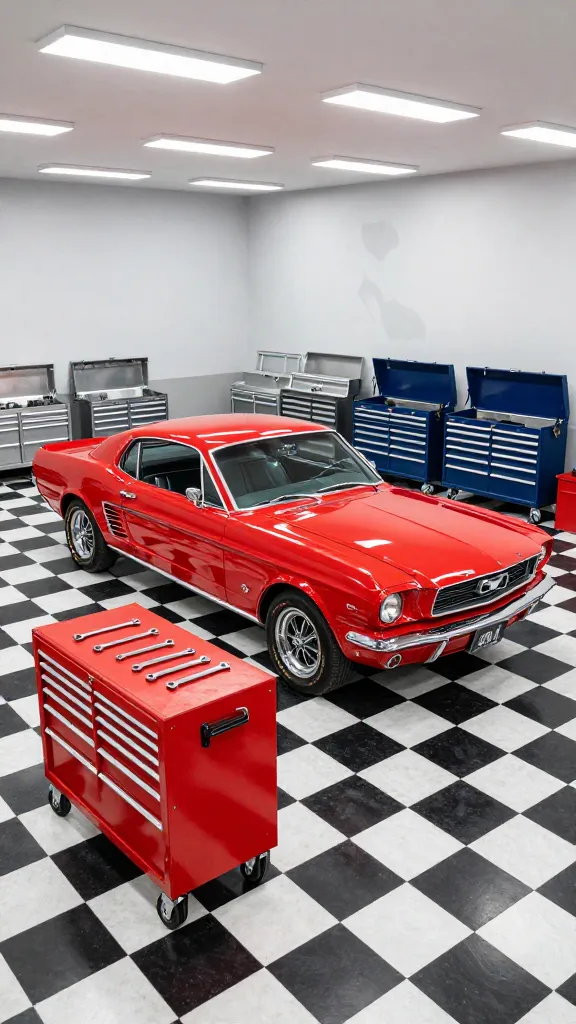 A high-angle, wide shot of a pristine, spacious vintage auto mechanic's dream garage interior. The floor is a striking, glossy black and white checkerboard epoxy. In the center, a perfectly restored 1960s cherry red classic American muscle car, like a Ford Mustang, gleams under bright, even overhead LED lighting. To one side, a sturdy, bright red vintage-style rolling toolbox with chrome accents stands next to the car, with a few chrome wrenches neatly laid out on its surface. Along the far wall, an array of polished chrome and deep blue old-school metal tool chests are meticulously arranged. The walls are clean, light grey, and feature subtle, abstract automotive-themed decor elements without any text. The space is immaculate, functional, and exudes nostalgic charm, captured with a sharp focus and high dynamic range, resembling a professional architectural photograph.
