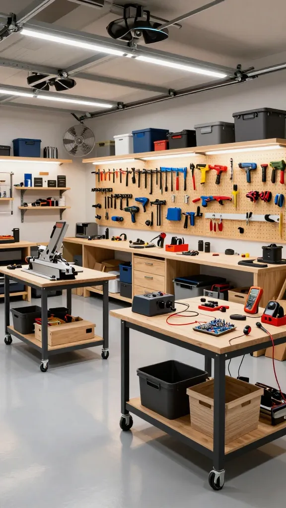 A high-quality, realistic photo of a spacious garage transformed into a versatile DIY Maker's Lab. The scene features a robust pegboard system covering a large wall section, meticulously displaying a wide array of hand and power tools. Several sturdy, mobile workbenches with heavy-duty casters are arranged, one dedicated to woodworking with a miter saw and clamps, another set up for electronics with a soldering station, multimeter, and circuit boards. Bright overhead LED strip lighting illuminates the distinct work zones, complemented by task lighting over the workbenches. A large exhaust fan is visible near the woodworking area, indicating excellent ventilation. Various project materials, components, and storage bins are neatly organized on shelves and in drawers, creating an inspiring and functional space ready for innovation. The floor is clean, durable epoxy. High resolution, sharp focus, no text on images.