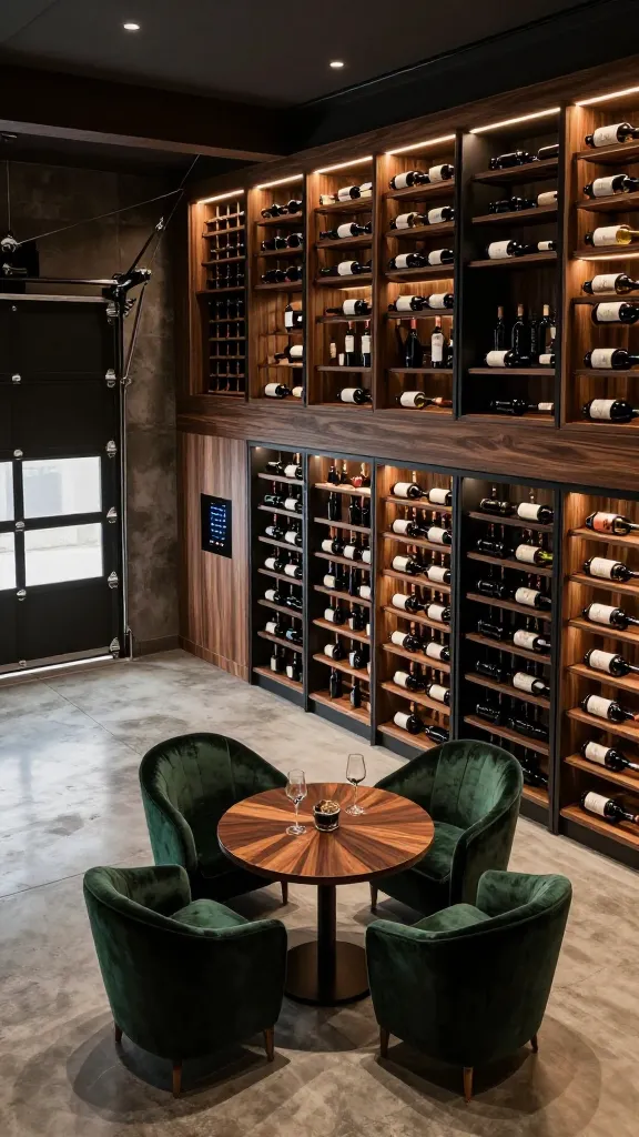 A high-angle, wide shot capturing a sophisticated and elegant wine cellar and tasting room, clearly converted from a spacious garage. The room features custom, floor-to-ceiling wine racks combining dark stained wood and sleek black metal, beautifully displaying hundreds of wine bottles under warm, recessed accent lighting. In the foreground, a small, round tasting table of polished dark wood is paired with two luxurious, dark green velvet armchairs. A state-of-the-art, integrated climate control system is subtly visible on an insulated wall. The original concrete floor has been polished to a high sheen, and one side wall, retaining a subtle industrial texture, shows where a garage door once stood, now seamlessly integrated with a stylish, insulated entrance. The overall ambiance is cozy, refined, and luxurious, with soft, ambient lighting throughout. Realistic, high-quality photograph, professional interior design magazine style. No text.