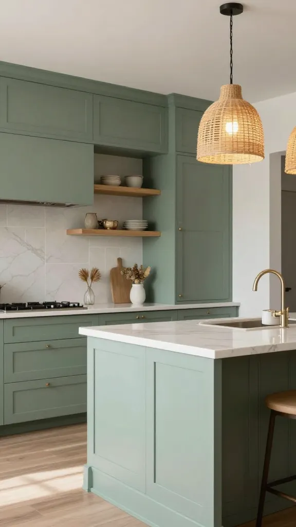 A high-quality, realistic photograph capturing a tranquil modern farmhouse kitchen. The dominant feature is the soft, muted sage green shaker-style cabinetry, creating a sophisticated and calming backdrop. White quartz countertops with subtle veining extend across the space, reflecting natural light. Above the main counter, light natural wood open shelving displays minimalistic decor. Over a central kitchen island, two large woven pendant lights hang, casting a warm, inviting glow. The overall design emphasizes understated elegance, natural textures, and a gentle, welcoming palette. No text.