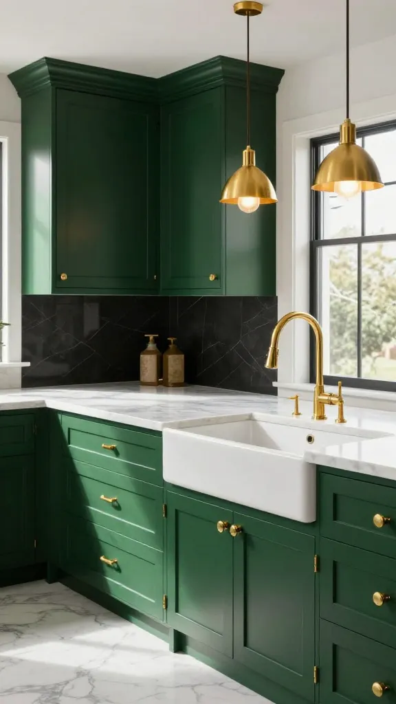 A high-quality, realistic photograph of a luxurious kitchen featuring deep forest green shaker-style cabinetry, both upper and lower, exuding richness and drama. Shimmering gold hardware, including elegant pull handles and knobs, adorns all cabinets. A sleek gold gooseneck faucet gleams over a large, white farmhouse sink. Crisp white marble countertops with subtle grey veining provide a bright, clean contrast, extending into a dark, moody backsplash that adds significant depth and sophistication. Contemporary gold pendant lights hang gracefully above a kitchen island or counter, casting a warm glow and highlighting the opulent gold accents. Ample natural light streams into the space from a large window, emphasizing the sophisticated textures and colors. The overall ambiance is one of effortless opulence and glamour. No text on image.