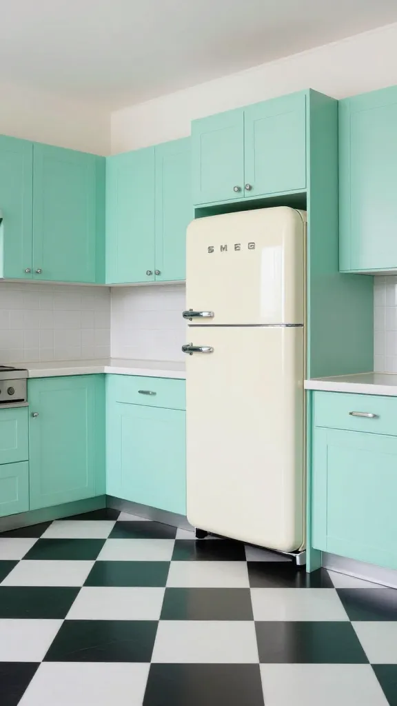 A wide, realistic, high-quality photograph of a cheerful, retro-inspired kitchen. The focal point is sleek, flat-panel mint green kitchen cabinets, both upper and lower, exuding a lighthearted vintage cool. The floor features a classic large black and white checkered pattern, evoking a diner chic aesthetic. All cabinets are outfitted with sleek, polished chrome hardware. A prominent, retro-style Smeg refrigerator, in a pastel blue or cream color, is perfectly integrated into the design, adding to the nostalgic charm. The space is brightly lit with natural light, creating a clean, inviting, and joyful atmosphere that feels both modern and playfully reminiscent of a bygone era.