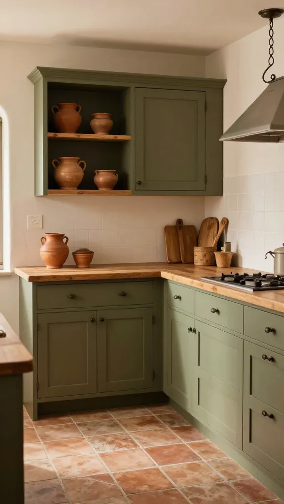 A high-quality, realistic photo of a warm and inviting Mediterranean-style kitchen. The focal point is a set of earthy olive green kitchen cabinets, some featuring open shelving tastefully adorned with artisanal terracotta pottery. The floor is laid with rustic terracotta tiles, contributing to a grounded atmosphere. A thick butcher block countertop spans a section of the cabinetry, complementing other natural wood elements visible throughout the space. Subtle wrought iron accents, such as cabinet hardware or a decorative pendant light, add an authentic touch. The kitchen is bathed in soft, warm natural light, enhancing the textures and creating a cozy, organic retreat. No text.