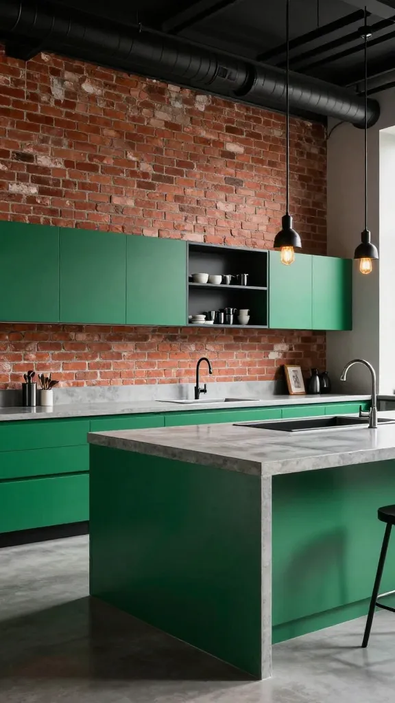 A professional, high-resolution, photorealistic image of a luxurious industrial kitchen. The main subject features sleek, flat-panel emerald green base cabinets and a matching kitchen island, creating a striking focal point. Raw, polished concrete countertops with a waterfall edge on the island provide a stark, edgy contrast to the vibrant green. Above, minimalist black metal open shelving is integrated with a prominent exposed red brick feature wall, showcasing the urban aesthetic. Industrial black pendant lights with exposed bulbs hang strategically over the island, casting a warm glow. Subtle, visible black ductwork runs along the ceiling, reinforcing the industrial chic. The space is bathed in soft natural light, highlighting the rich textures and the bold blend of high-end elegance and raw urban style. No people.