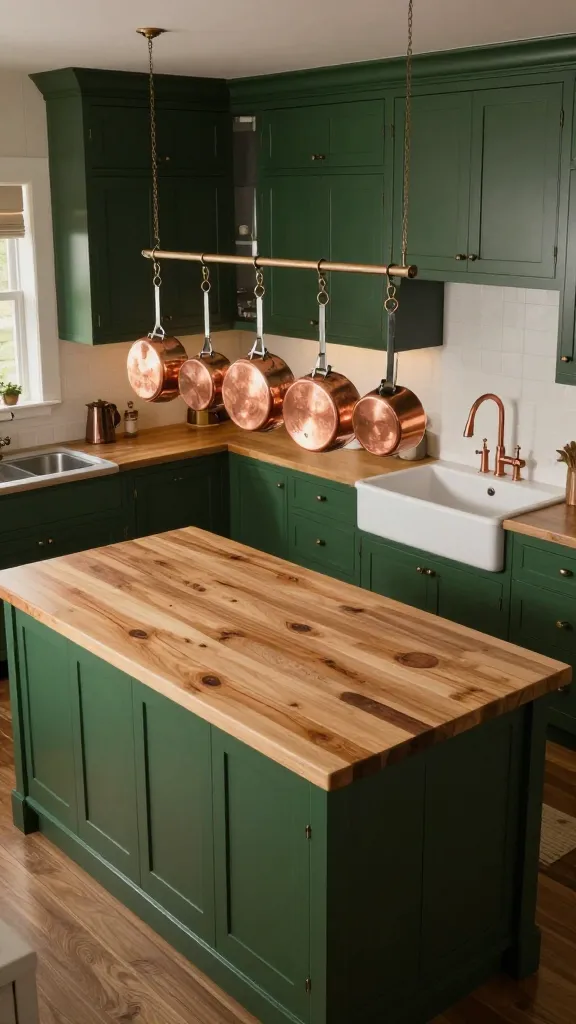 A high-angle, wide-shot photograph capturing a grand yet incredibly cozy traditional kitchen. The space is anchored by substantial deep hunter green shaker cabinets, exuding a timeless, classic charm. A large, thick butcher block island stands prominently in the center, with several gleaming copper pots elegantly suspended from a rack above it. Integrated into the cabinetry is a classic white farmhouse sink featuring a prominent, warm-toned copper faucet. Subtle natural wood elements complement the rich green cabinets and copper accents. The overall lighting is warm and inviting, creating a luxurious and incredibly cozy atmosphere. Realistic, high-quality photo, no text.