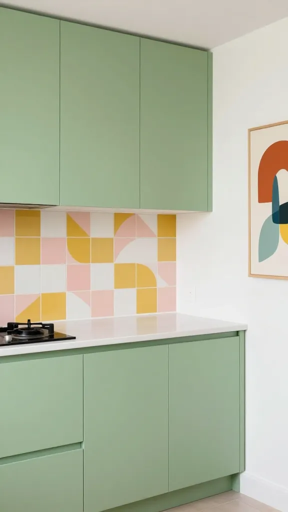 A vibrant and eclectic modern kitchen interior featuring flat-panel pistachio green base and upper cabinets. A striking backsplash with bold geometric tiles in a playful pattern incorporates blush pink, mustard yellow, and white. Clean, simple white quartz countertops provide a minimalist contrast. On an adjacent wall, a piece of abstract, playful artwork in complementary colors adds to the whimsical atmosphere. The kitchen is bathed in bright natural light, showcasing a high-quality, realistic interior photograph with a shallow depth of field, no text.