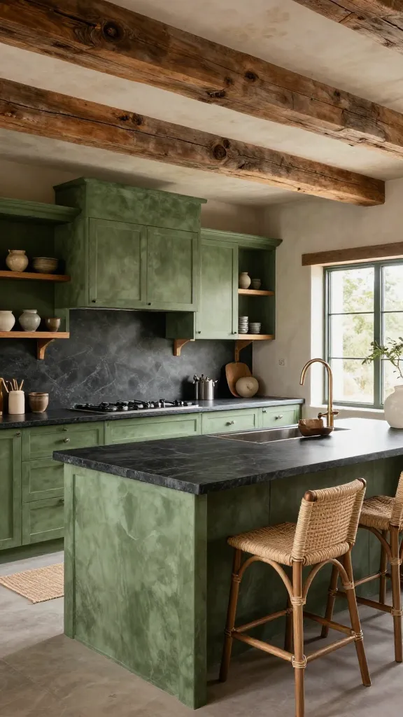 A high-angle, wide shot of a tranquil, organic kitchen featuring serene, textured moss green base and upper cabinets. Dark, natural soapstone countertops with subtle veining perfectly complement the cabinetry. Reclaimed, rough-hewn wood beams span the ceiling, and open shelving made from similar wood displays simple, earthy ceramic pottery. A large kitchen island with a matching soapstone top is centered, flanked by woven rattan bar stools. Natural light streams in through a large window, illuminating the earthy tones. A subtle jute rug lies on the floor, enhancing the grounded, peaceful atmosphere. Captured in a realistic, high-quality photograph with sharp focus and natural lighting.