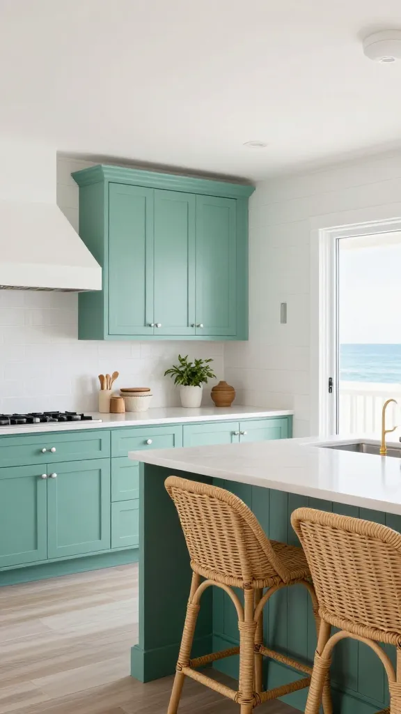 A bright, airy, and refreshing coastal-inspired kitchen featuring prominent teal-green kitchen cabinets, both upper and lower, creating a cool and serene focal point. The walls are clad in crisp white shiplap, enhancing the breezy atmosphere, while light-colored, possibly white quartz, countertops provide a clean contrast. Two natural rattan bar stools are neatly tucked under a kitchen island, adding a touch of natural texture. All cabinet hardware is brushed nickel or polished silver, complementing the cool color palette. Abundant natural light streams into the space, highlighting the relaxed, beach-vacation vibe. Photographed with a wide-angle lens, showcasing a high-quality, realistic interior design aesthetic.