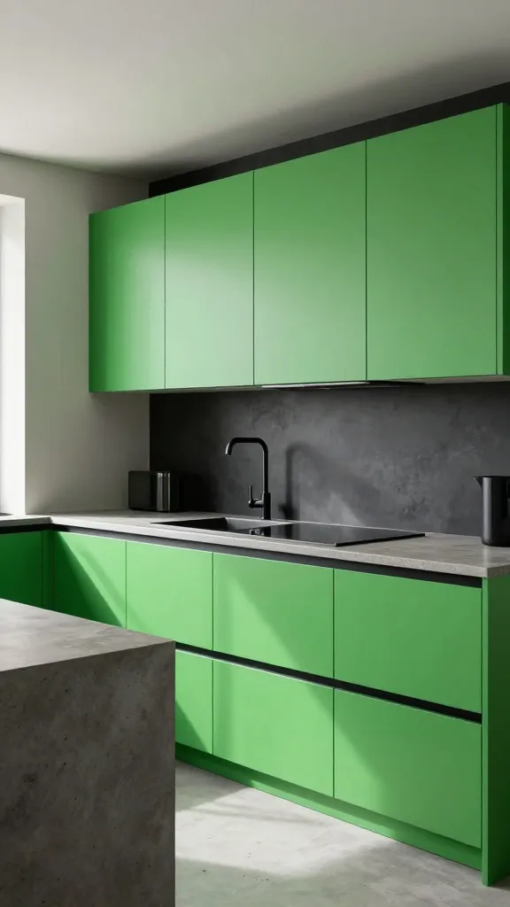 A high-resolution, professional interior photograph of a modern, edgy kitchen, showcasing vibrant chartreuse green flat-panel kitchen cabinets. The cabinets are equipped with sleek black hardware, contrasting beautifully with the electric green. Concrete countertops add an industrial-modern edge, complemented by a dark, dramatic backsplash. The minimalist design emphasizes clean lines and bold color choices. Bright, natural light floods the space, highlighting the textures and creating a striking, showstopper aesthetic. The shot is a wide, slightly angled view, capturing the full impact of this daring and sophisticated kitchen.