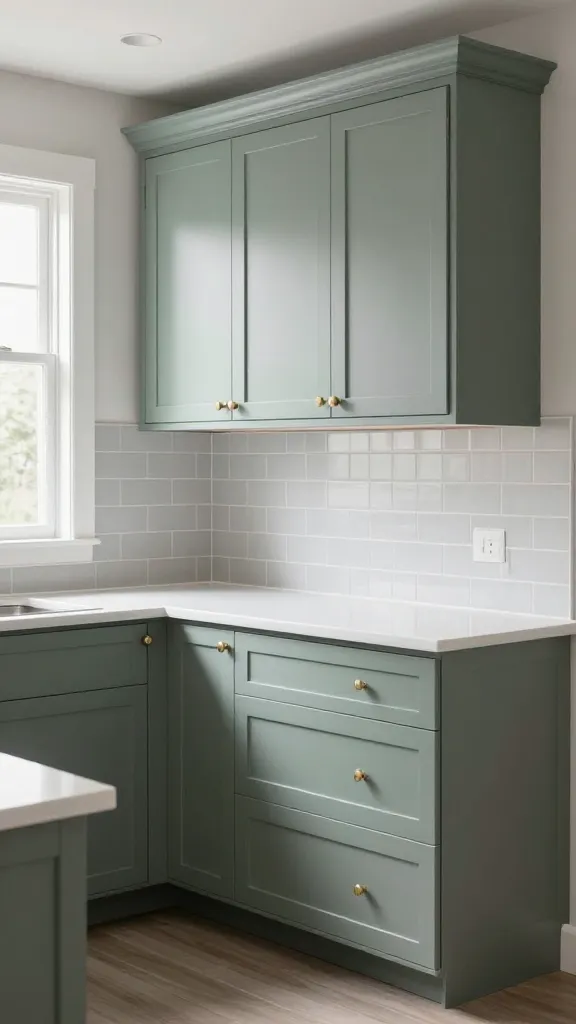 A high-quality, realistic photograph capturing a sophisticated transitional kitchen. The focal point is the sleek cabinetry, painted in a subtle, chic grey-green hue that effortlessly bridges traditional and modern styles. These cabinets are topped with elegant white quartz countertops. Brushed nickel hardware gleams softly on the cabinet doors and drawers. A classic subway tile backsplash, in a soft light grey, extends across the wall, complementing the refined aesthetic. The kitchen is bathed in bright, diffused natural light from a nearby window, creating a serene and timeless atmosphere. Wide shot, eye-level perspective, sharp focus on the details.