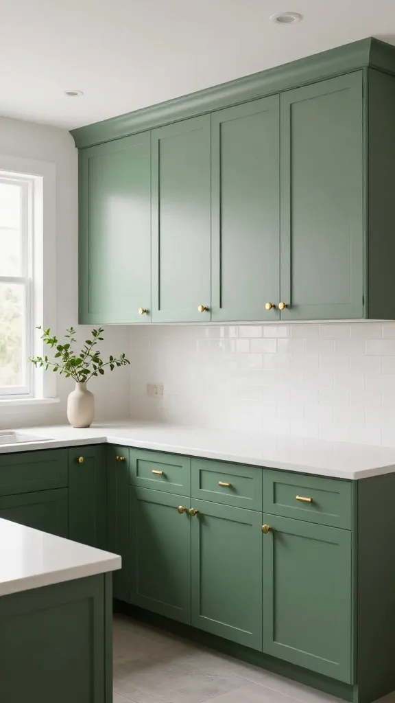 A high-resolution, professional architectural photograph of a modern kitchen featuring prominent two-tone green cabinetry. Deep, grounding forest green lower cabinets are beautifully contrasted with light, airy sage green upper cabinets. All cabinets are outfitted with consistent, elegant brass hardware (pulls and knobs), tying the two shades together seamlessly. A clean white quartz countertop extends across the lower cabinets, complemented by a subtle white subway tile backsplash. Natural light floods the space from a nearby window, enhancing the visual depth and layered complexity of the design. The composition is a wide, slightly angled shot that clearly showcases both cabinet levels, making the kitchen feel spacious and inviting, with a few minimalist decor elements like a simple vase with fresh greenery.