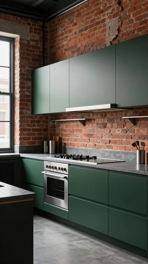 A photorealistic, high-resolution, professional architectural photograph of an industrial-style kitchen. The main subject is a run of deep, dark forest green flat-panel kitchen cabinets, presenting a sleek, modern look. An authentic, rugged exposed red brick wall serves as the backsplash and extends as a prominent feature wall, showcasing its raw texture. Integrated into the design are sleek stainless steel professional-grade appliances, including a range and an overhead hood. Above the dark green cabinets, minimalist stainless steel open shelving displays a few carefully curated, simple items. The countertops are made of a dark, matte concrete, adding to the urban appeal. Ambient natural light streams in from a large window, illuminating the space and highlighting the interplay of the raw brick textures with the smooth green cabinets and polished steel. The overall atmosphere is effortlessly cool, authentic, rugged, yet refined. No text on images.