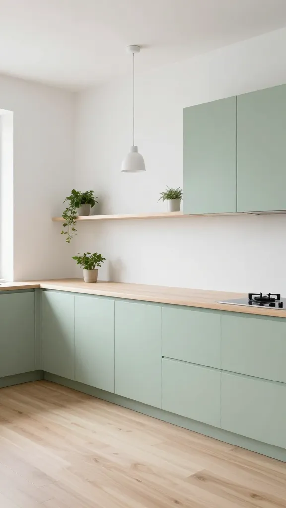 A high-quality, realistic photograph capturing a serene Scandinavian-inspired kitchen. Muted, soft light green, handleless base and upper cabinets create a clean, minimalist aesthetic along one wall. The kitchen features light natural wood countertops and open shelving, complementing the light birch wood flooring. Bright white walls reflect ample natural light, enhancing the calm atmosphere. A single, elegant, minimalist pendant light hangs centrally. A few small, minimalist green plants are thoughtfully placed on a shelf or countertop, adding a touch of life without clutter. The space embodies clean lines, functionality, and an uncluttered, peaceful environment. The focus is on the muted green cabinets as the main subject.