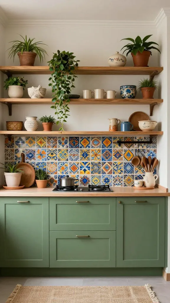 A high-quality, realistic photo of a bohemian-inspired kitchen. Earthy boho green kitchen cabinets are the focal point, complemented by an intricate, colorful patterned tile backsplash featuring shades of blue, orange, and yellow in a globally inspired motif. Open wooden shelving displays a curated collection of eclectic pottery and lush trailing plants. Macrame accents and subtle vintage finds are incorporated into the decor. A comfy, textured rug rests on the floor. The kitchen is filled with soft natural light, exuding a warm, adventurous, and globally inspired atmosphere. No text.