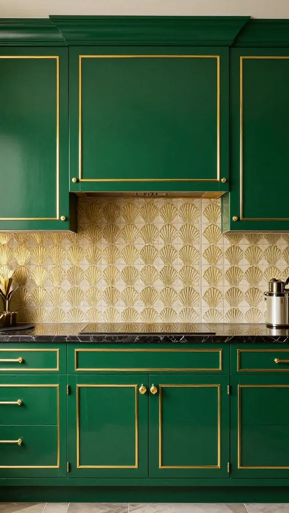 A high-resolution, professional interior photograph of a luxurious Art Deco kitchen. Deep emerald green kitchen cabinets, accented with gleaming gold trim and hardware, are the centerpiece. An intricate geometric patterned backsplash, featuring elegant fan-shaped tiles in a sophisticated cream and gold, extends behind the dark, polished marble countertops. The scene exudes the opulent glamour and historical grandeur of the Roaring Twenties, reminiscent of a Gatsby-era showpiece. Soft, ambient lighting enhances the rich textures and metallic details. Realistic, no text.