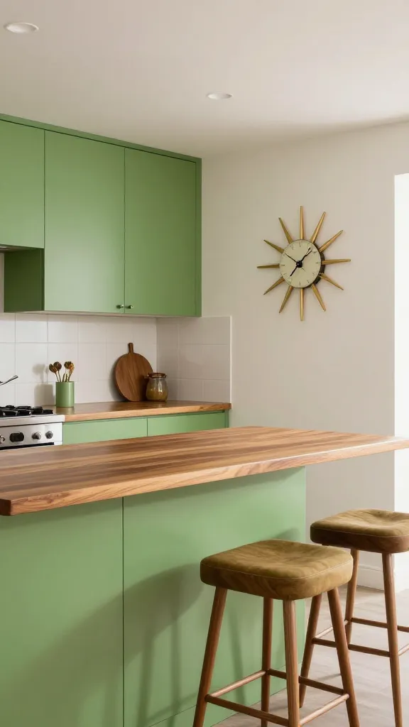 A high-quality, professional interior design photograph of a mid-century modern kitchen. The kitchen prominently features flat-panel avocado green cabinets paired with sleek, warm walnut wood countertops. A kitchen island is adjoined by classic mid-century modern bar stools with slender legs and upholstered seats. A distinctive starburst clock serves as a focal atomic-era accent on a light-colored wall. The space is bright and inviting, filled with natural light, showcasing a retro-cool, fresh, and fun ambiance with a strong vintage character. Sharp focus, vibrant colors, no text.