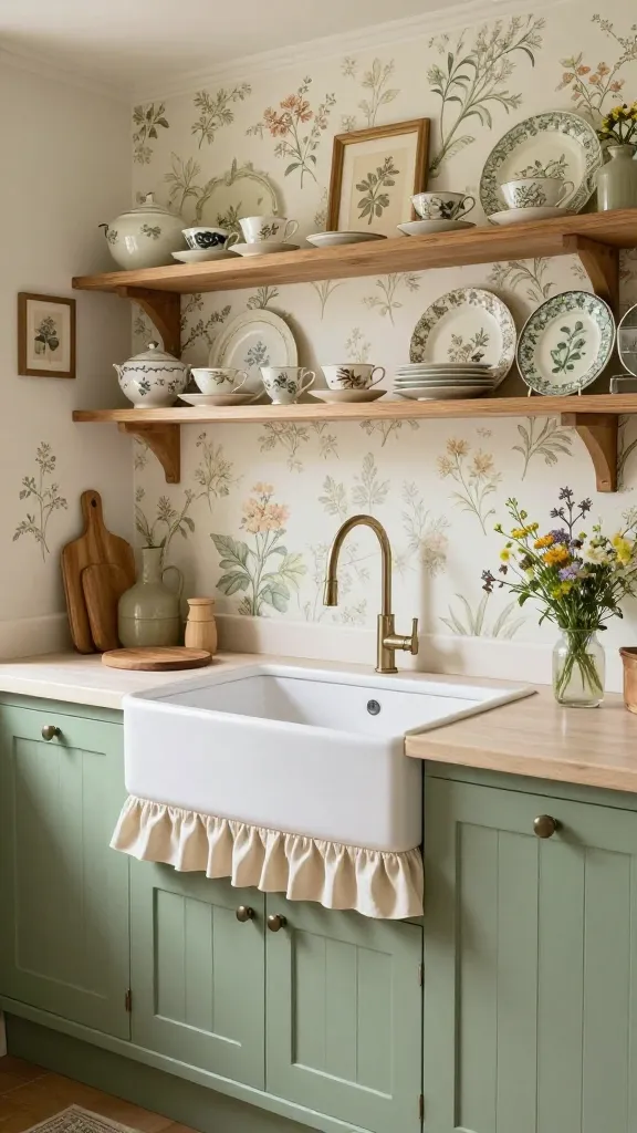 A high-quality, realistic photograph of an enchanting cottagecore kitchen, bathed in soft, natural light. The room features gentle, muted cottagecore green cabinets with classic paneling. A delicate floral wallpaper, reminiscent of vintage botanical illustrations, serves as a charming backsplash and accent wall. Open wooden shelves are artfully styled with a collection of antique porcelain teacups, vintage patterned dishes, and small framed botanical prints. A prominent farmhouse sink is adorned with a charming ruffled sink skirt made of a soft, cream-colored fabric. The countertops are clean, with a rustic wooden cutting board and a small vase of fresh wildflowers, creating an idyllic, storybook atmosphere.
