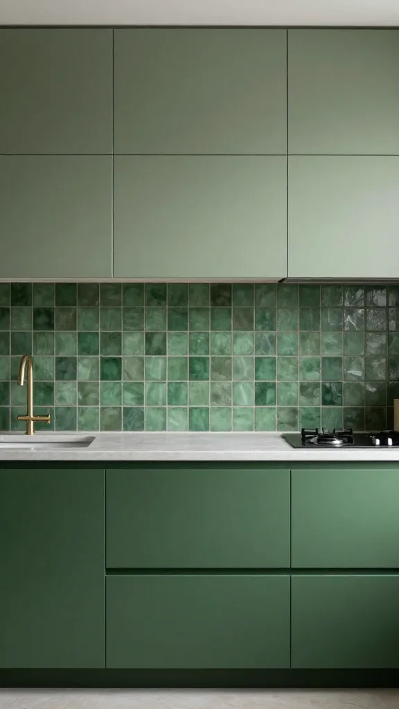 A realistic, high-quality professional interior photograph of a modern kitchen showcasing a monochromatic green layering design. Deep, matte forest green lower cabinets are paired with subtly lighter, matte sage green upper cabinets. A textured backsplash, featuring artisanal zellige tiles in a mid-tone moss green, creates a rich, layered look, with all green elements maintaining a consistent matte finish. Soft natural light illuminates the space, emphasizing the subtle variations in tone and texture. Clean, minimalist countertops (e.g., light gray quartz) complement the green palette. The scene conveys sophisticated serenity and a deep immersion in various shades of green. No text on image.