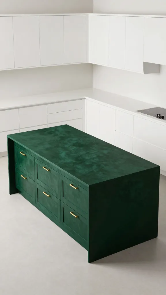 A high-angle, professional, realistic photograph of a luxurious, contemporary kitchen. The central focus is a striking, deep dark green kitchen island, serving as a dramatic focal point with its rich, velvety hue. This show-stopping island is adorned with elegant brass or gold hardware. It stands in stark, beautiful contrast against crisp white perimeter cabinets and pristine white countertops that define the rest of the kitchen. The space is brightly lit, emphasizing the clean lines, sophisticated design, and the immediate visual interest created by the dark green pop. High-quality interior photography, no text.