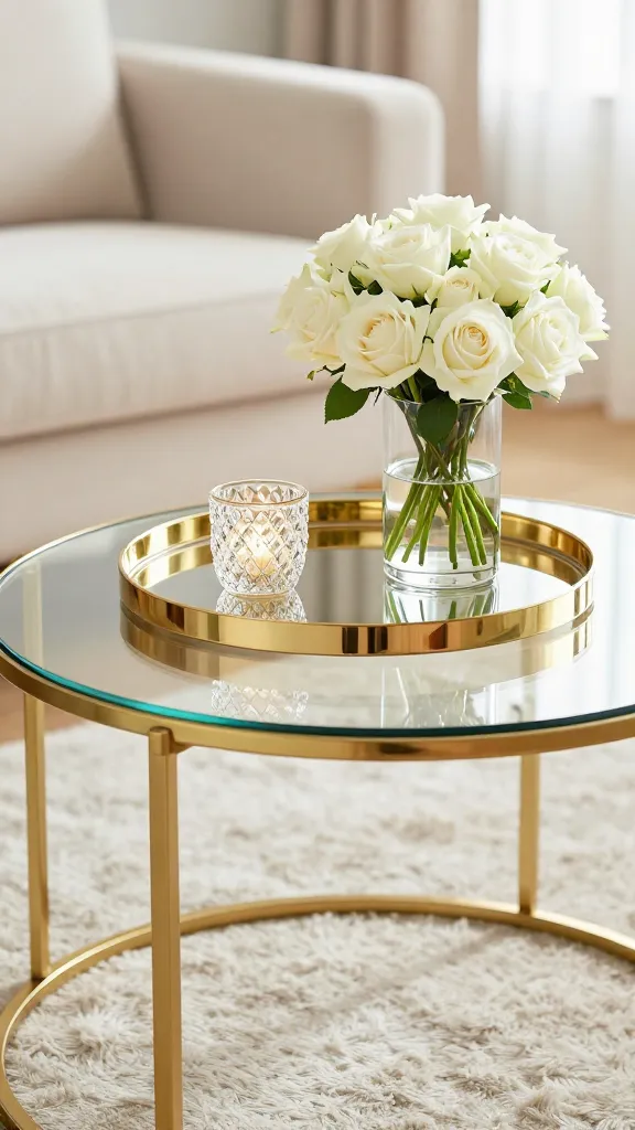 A high-quality, realistic photograph capturing a close-up, slightly elevated perspective of a small, round coffee table with a sleek gold metal frame and a clear glass top. The table is centrally styled in a compact, modern glam living room. On its surface, a polished gold-rimmed circular tray elegantly holds a small, sparkling crystal votive candle holder. Adjacent to the tray, a refined clear cylindrical glass vase showcases a fresh, lush bouquet of white roses. Soft, bright natural light illuminates the scene, creating subtle reflections on the glass table, the gold accents, and the crystal, enhancing the room's bright and expansive feel. The background subtly features a luxurious light-toned sofa and a soft, textured throw, hinting at a sophisticated yet intimate space. No text.