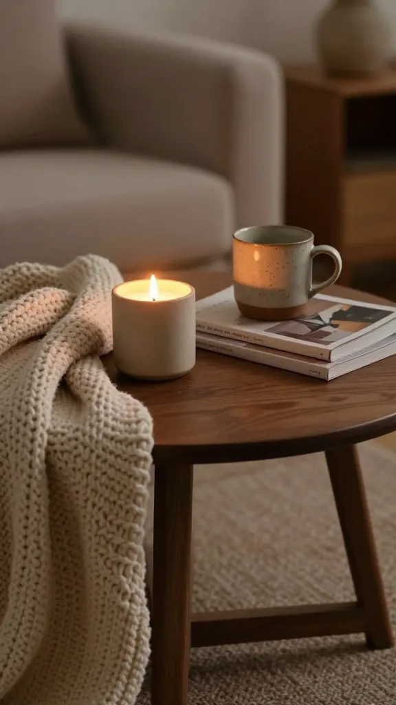 A high-quality, realistic close-up photo of a small, round wooden coffee table in a cozy, hygge-inspired living room at dusk. A soft, cream-colored chunky knitted throw is casually draped over one edge of the table. A lit vanilla-scented soy candle in a matte, earth-toned ceramic jar casts a warm, flickering glow, positioned next to a small stack of two aesthetically pleasing lifestyle magazines and a classic hardcover book. Beside them, a handcrafted ceramic mug with a subtle, rustic texture sits empty, adding to the artisanal feel. The background is softly blurred, hinting at a comfortable sofa and warm, ambient lighting, creating an inviting, tranquil atmosphere perfect for relaxation. The focus is sharp on the coffee table arrangement, emphasizing textures and the gentle light. No text.