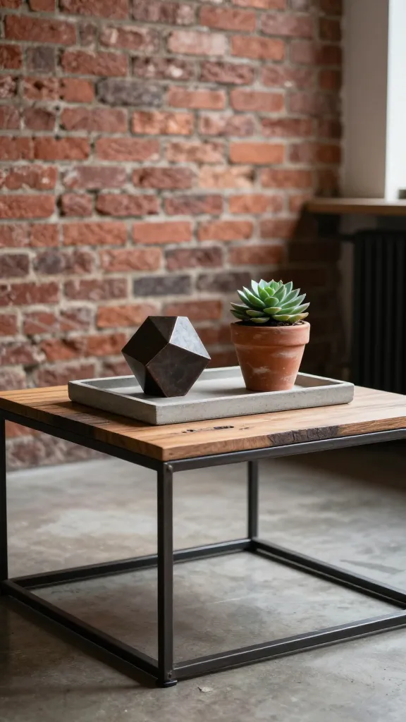 A high-quality, realistic photograph of a small industrial chic coffee table, featuring a dark metal frame and a reclaimed wood top. The table is centrally placed in a compact living room with a prominent exposed red brick wall in the background. On the coffee table, a raw concrete tray elegantly displays a unique, dark geometric metal sculpture. Beside the tray, a single, striking succulent thrives in a rustic, unglazed terracotta pot. The overall scene exudes a gritty sophistication and edgy coolness, balanced by warm, natural light filtering into the room, preventing it from appearing stark or cold. The focus is sharp on the coffee table decor, with a subtly blurred background hinting at the cozy, urban living space.