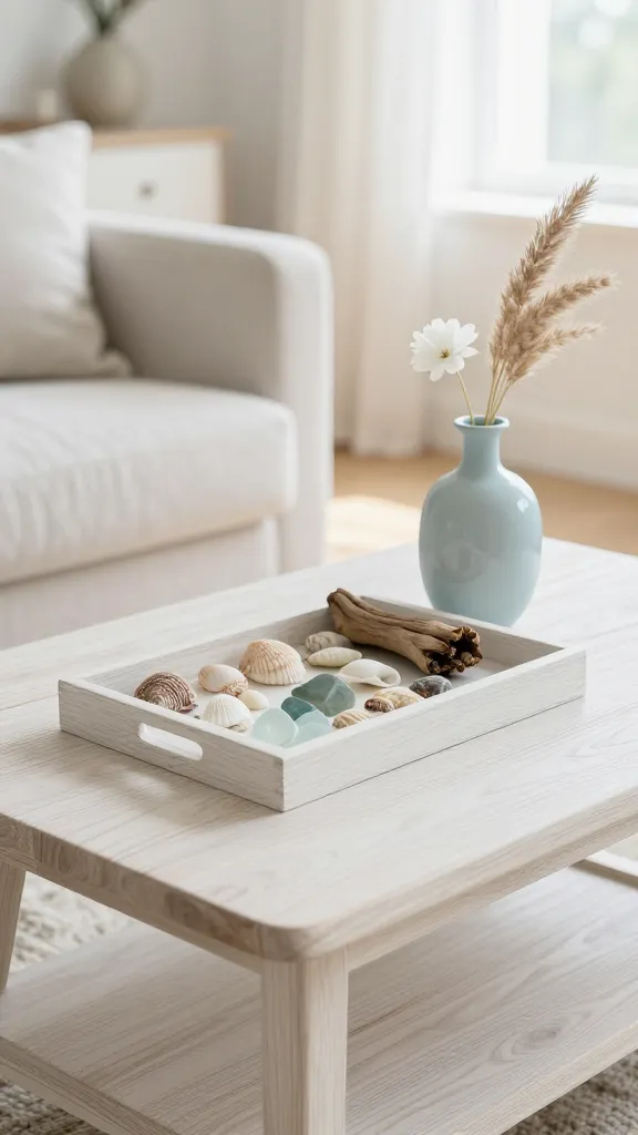 An eye-level, detailed close-up shot of a small, light-toned wooden coffee table, perhaps bleached oak or whitewashed, styled for a coastal calm living room. On the coffee table, a rectangular whitewashed wooden tray is artfully arranged with a curated collection of beautiful, varied seashells and smooth sea glass, alongside a small, naturally sculpted piece of driftwood. Next to the tray, a delicate light blue ceramic vase holds a single slender white flower or a sprig of dried pampas grass. The background reveals a soft-focused, bright living room with abundant natural light, light-colored linen upholstery on a sofa, and subtle hints of natural textures, evoking a serene, breezy, and sun-kissed coastal tranquility. Realistic, high-quality photography, no text.