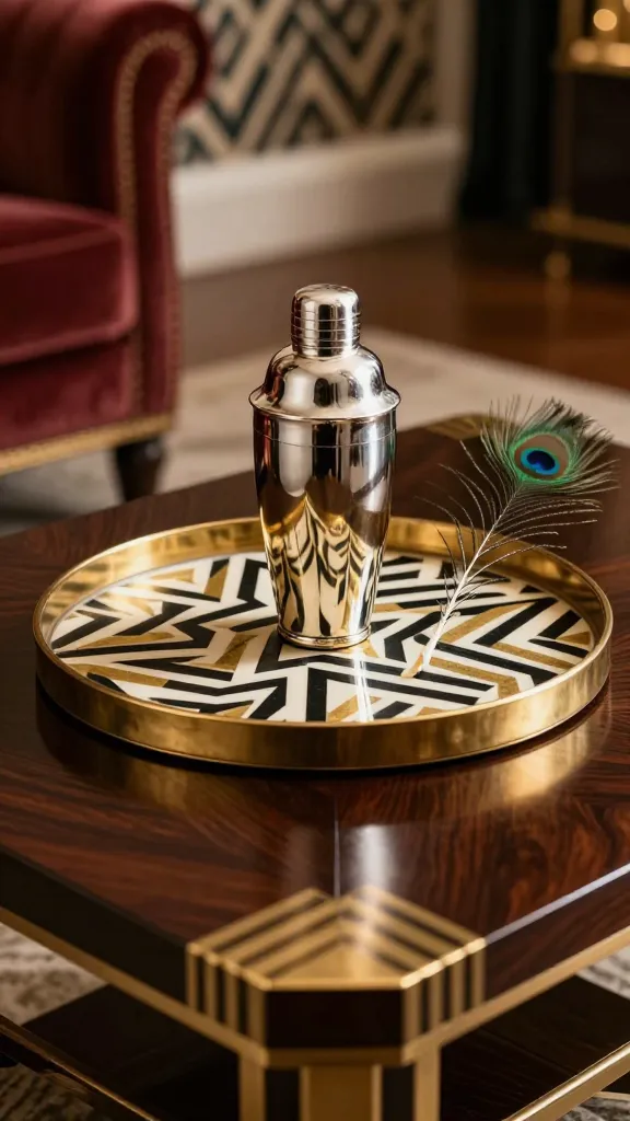 A high-resolution, realistic photo of a small, elegant Art Deco coffee table, featuring a dark wood finish with brass geometric inlays. On its surface, a striking geometric-patterned tray, with bold black and gold lines on a cream background and a polished brass trim, takes center stage. Inside the tray, a vintage-inspired, sleek silver cocktail shaker stands prominently, reflecting the soft, warm light. Artfully placed beside the shaker is a single, small, elegant peacock feather, adding a touch of dramatic flair. The background subtly hints at a luxurious Art Deco living room, with a glimpse of rich velvet upholstery and a softly blurred geometric wallpaper pattern, ensuring the coffee table decor is the sharp, captivating focal point.