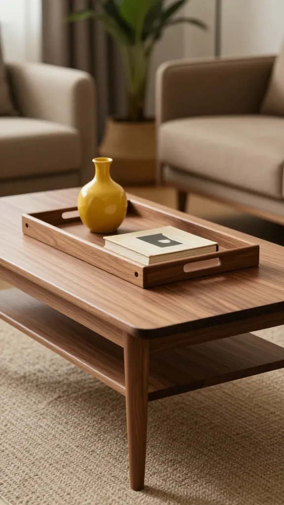 A high-quality, realistic photograph of a small, mid-century modern coffee table made of warm walnut wood, featuring clean lines and subtly tapered legs, positioned in a compact, stylish living room. On the coffee table's surface, a sleek, rectangular teak wooden tray with slightly raised edges is carefully placed. Within the tray, a small, sculptural ceramic vase in a rich mustard yellow holds a single, striking vintage design book with a minimalist graphic cover. The surrounding living room elements are softly blurred, hinting at a cozy, compact space with period-appropriate furniture like an upholstered armchair in an earthy tone and a potted plant, all contributing to an effortlessly cool, sophisticated simplicity. Soft, natural light illuminates the scene, highlighting the textures and warm, organic tones. No text.