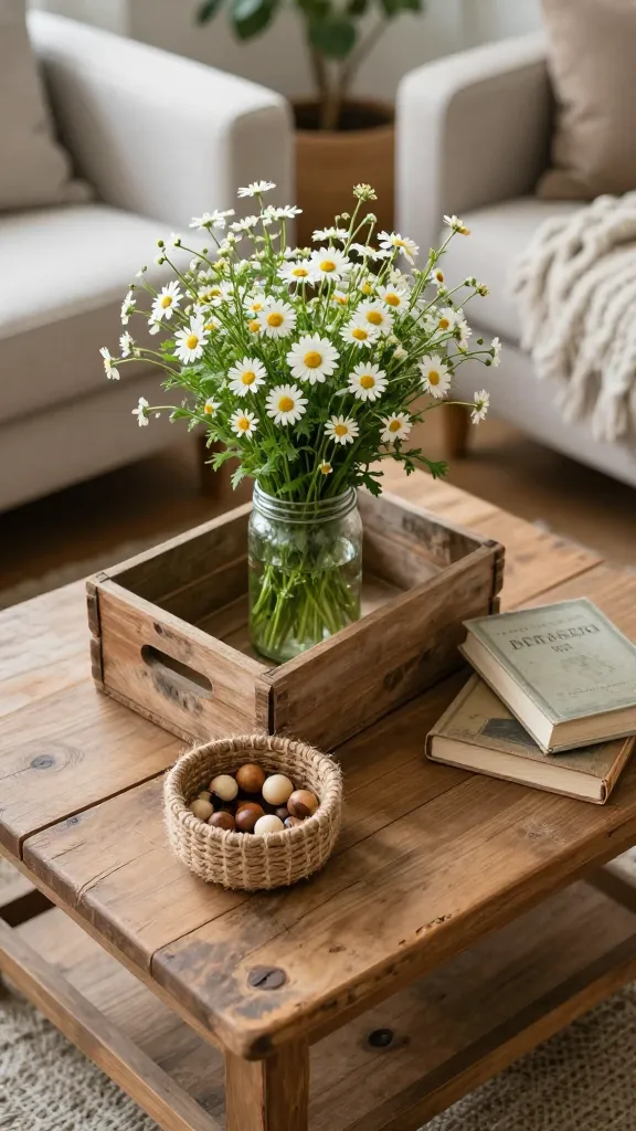 A high-angle, close-up photograph captures a small, rustic distressed wooden coffee table, serving as the inviting focal point in a compact modern farmhouse living room. Centered on the table, a rectangular distressed wooden crate holds a clear mason jar overflowing with a fresh, vibrant arrangement of wildflowers, including small white daisies and delicate green foliage. Adjacent to the crate, a small, round natural woven jute basket gently cradles a few decorative wooden beads in various natural wood tones. A neat stack of two wholesome-themed cookbooks with simple, rustic covers rests casually beside them. Soft, natural daylight streams in, illuminating the scene and enhancing the natural textures and slightly weathered finishes, creating a warm, down-to-earth, and charming atmosphere. The background is subtly blurred, hinting at a comfortable linen sofa and a cozy chunky knit throw, maintaining a realistic, high-quality photo aesthetic with no text.