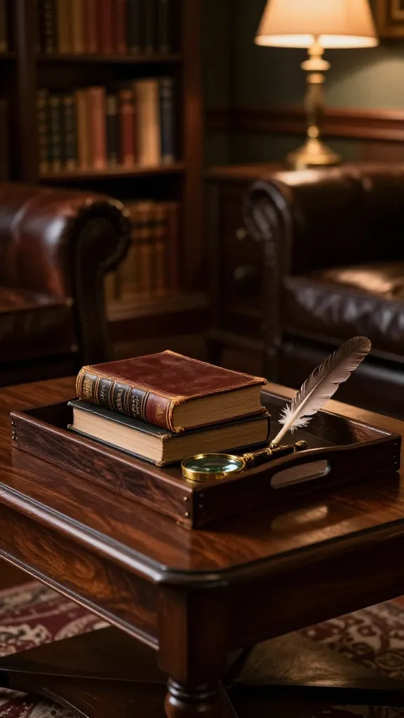 A high-quality, realistic photograph capturing a small, dark wood coffee table, centrally placed in a dimly lit, moody dark academia den. On the tabletop, a substantial, dark wooden tray is meticulously arranged. Inside the tray, a stack of three worn, antique hardcover books with aged, rich leather spines and gilded lettering (suggesting classics or philosophy) sits prominently. Beside the books, a small, ornate brass magnifying glass and a vintage feather quill are artfully placed. The background blurs into a cozy den setting, revealing tall bookshelves packed with old volumes, a hint of a deep-toned leather armchair, and the warm, soft glow from a nearby brass desk lamp, creating an atmosphere of intellectual mystery and old-world charm. Shot from a slightly elevated angle, focusing on the table decor. No text.