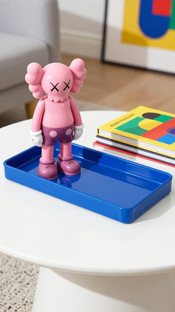 A high-angle, close-up, professional studio photograph of a small, round white coffee table styled with a vibrant Pop Art theme. On the table, an electric blue rectangular lacquer tray holds a glossy, hot pink KAWS companion figurine. Beside the tray, a stack of three art and design books with bold, graphic, primary-colored covers adds to the playful aesthetic. The background is softly blurred, showing a modern living room setting with a hint of a grey sofa and a colorful abstract artwork. Bright, natural light illuminates the scene, emphasizing the saturated colors and glossy textures. High resolution, realistic, no text.