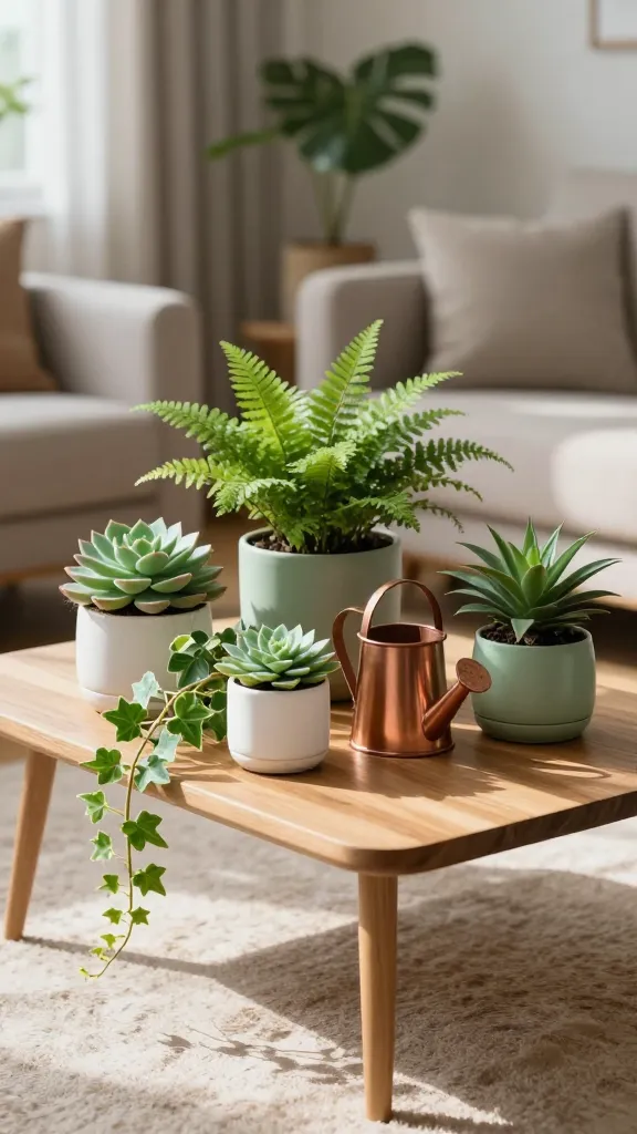 A high-quality, realistic photo capturing a small, minimalist wooden coffee table transformed into a 'Botanical Bliss Garden' within a sunlit, compact living room. The tabletop features an artful arrangement of various small ceramic pots, some in matte white, others in soft pastel greens, holding a vibrant collection of easy-care plants: a perfectly formed succulent, a lush small fern, a trailing peperomia, and a delicate ivy spilling gently over the pot's edge. A stylish, miniature copper watering can rests elegantly among the greenery. Soft, natural light streams in, highlighting the textures of the plants and creating a serene, fresh, and inviting ambiance. The background subtly suggests a cozy, modern living space. No text.