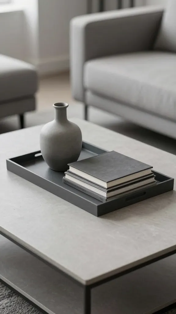 A high-angle, eye-level shot of a small, rectangular coffee table with a light grey, matte finish, positioned in a subtly lit, modern living room. On the table, a sleek, dark grey matte rectangular tray holds a collection of monochromatic decor. Inside the tray, a small, elegantly sculptural ceramic vase in a slightly lighter, cool grey hue stands next to a neatly stacked trio of art books, their covers varying in shades of charcoal, slate, and ash grey, with minimal, subtle text. The natural light softly illuminates the textures, highlighting the subtle variations within the grey palette. The background is softly blurred, showing hints of a plush, light grey sofa and a minimalist wall, maintaining the cohesive, sophisticated monochromatic aesthetic. No visible text on images.